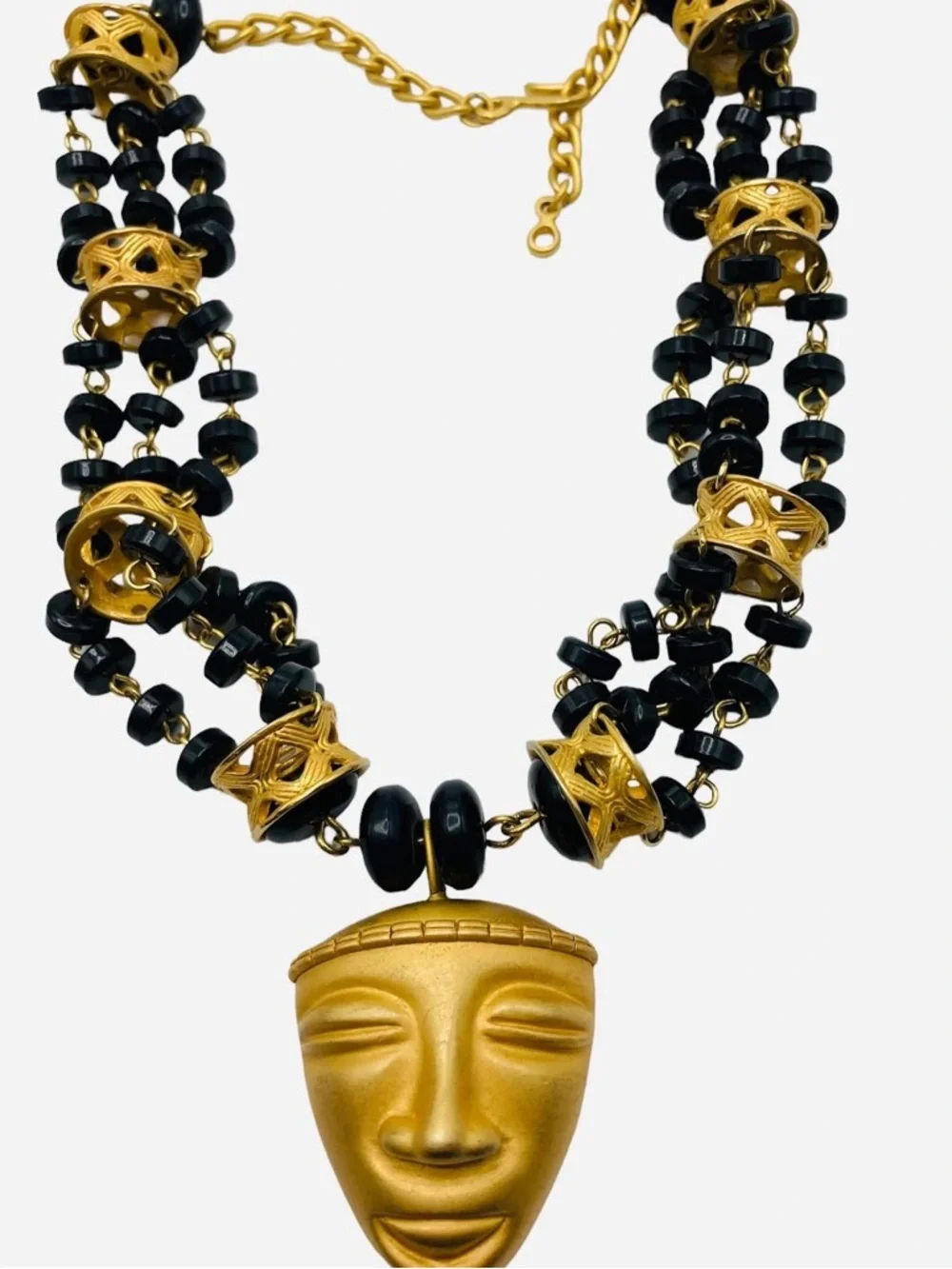 Vintage Tribal Mask Navy Lucite Bead Necklace 1980’s.